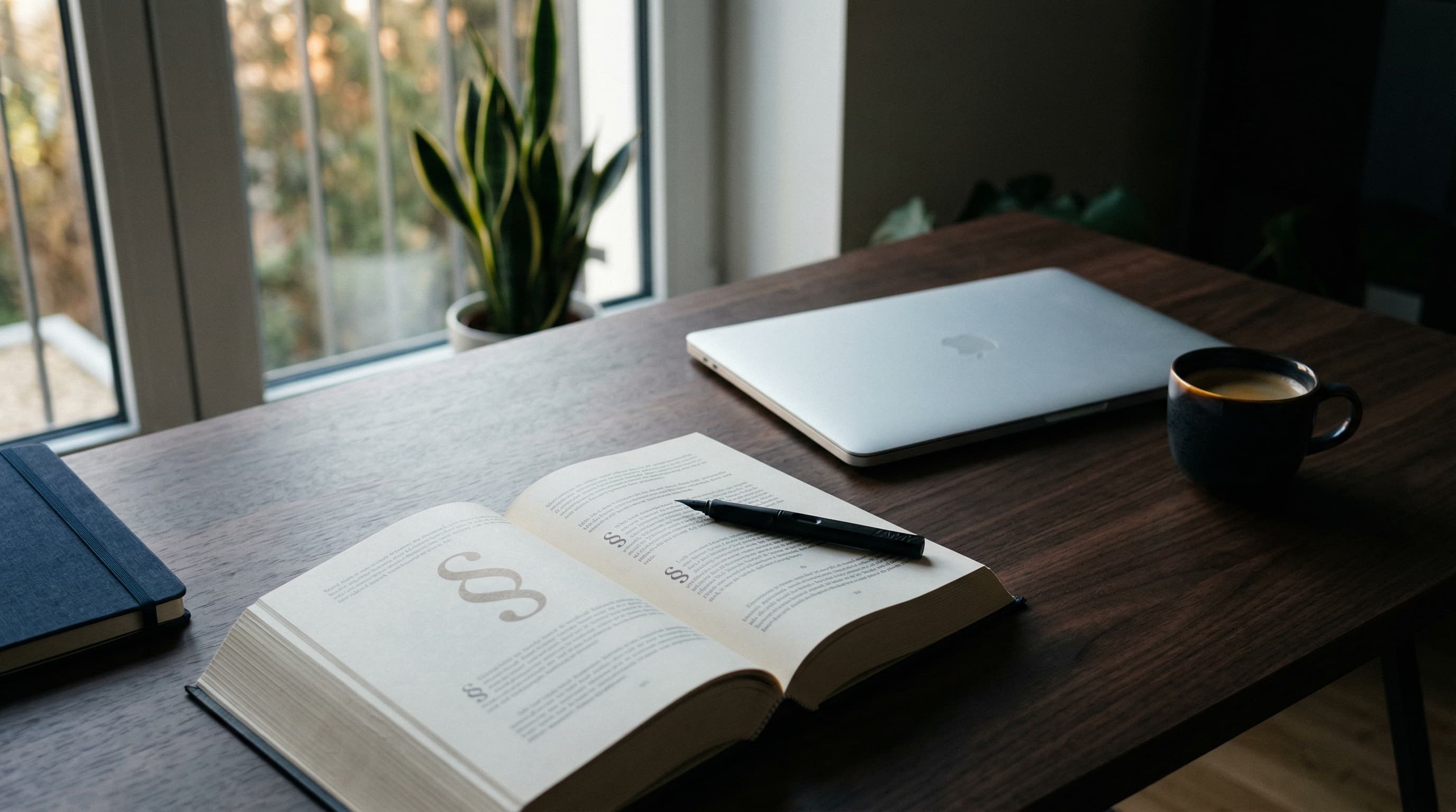 Juristischer Arbeitsplatz mit aufgeschlagenem Gesetzbuch, Fountainpen, Laptop und Kaffeetasse im warmen Nachmittagslicht.
