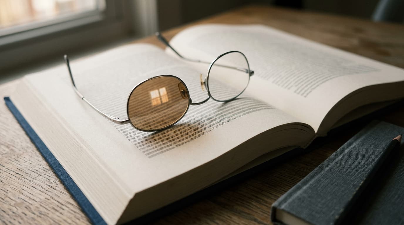 Silberne Brille auf einem aufgeschlagenen Buch mit leerem Notizbuch — Symbol für sorgfältige Prüfung von Lesbarkeit und Zugänglichkeit.