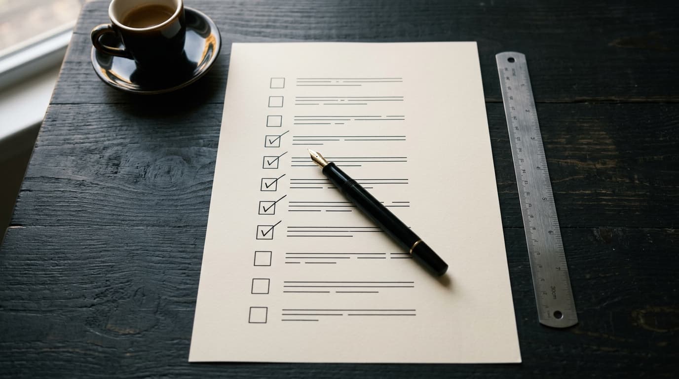 Audit-Checkliste mit Haken, Fountainpen, Lineal und Espresso auf einem dunklen Holztisch — Symbol für strukturierte BFSG-Prüfung im Shop.