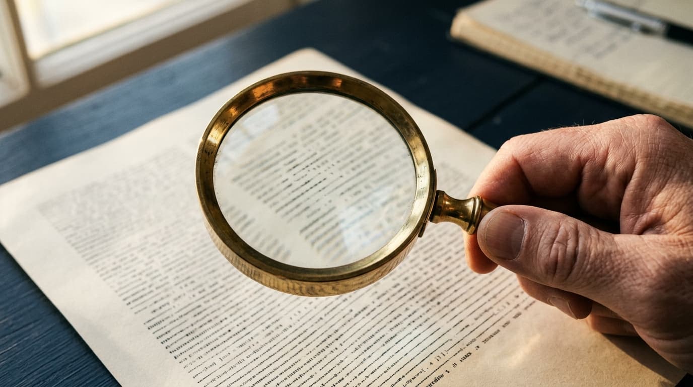 Hand mit Messinglupe über abstraktem gedrucktem Text — Symbol für detaillierte Prüfung von Barrierefreiheits-Anforderungen.