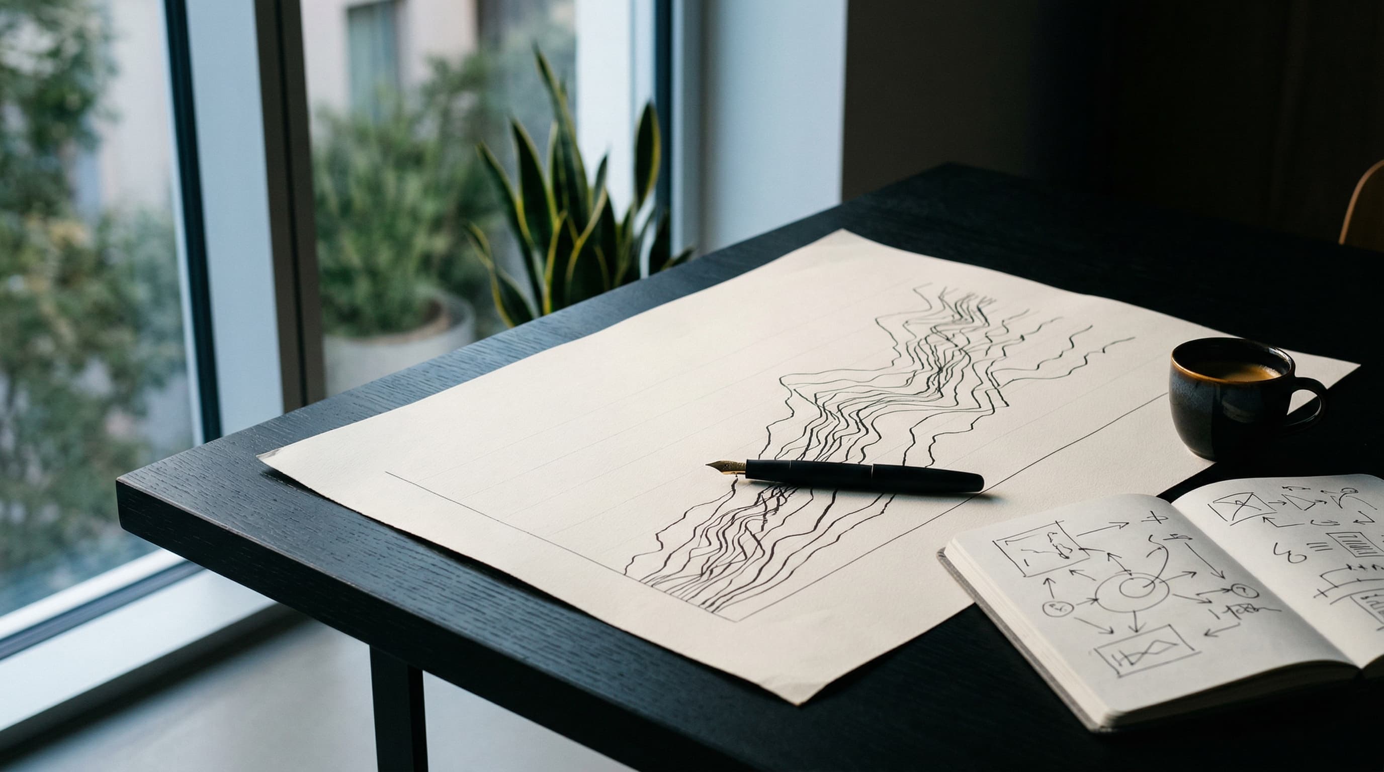 Dunkler Holztisch mit Performance-Diagramm, Fountainpen und Kaffeetasse im warmen Nachmittagslicht.