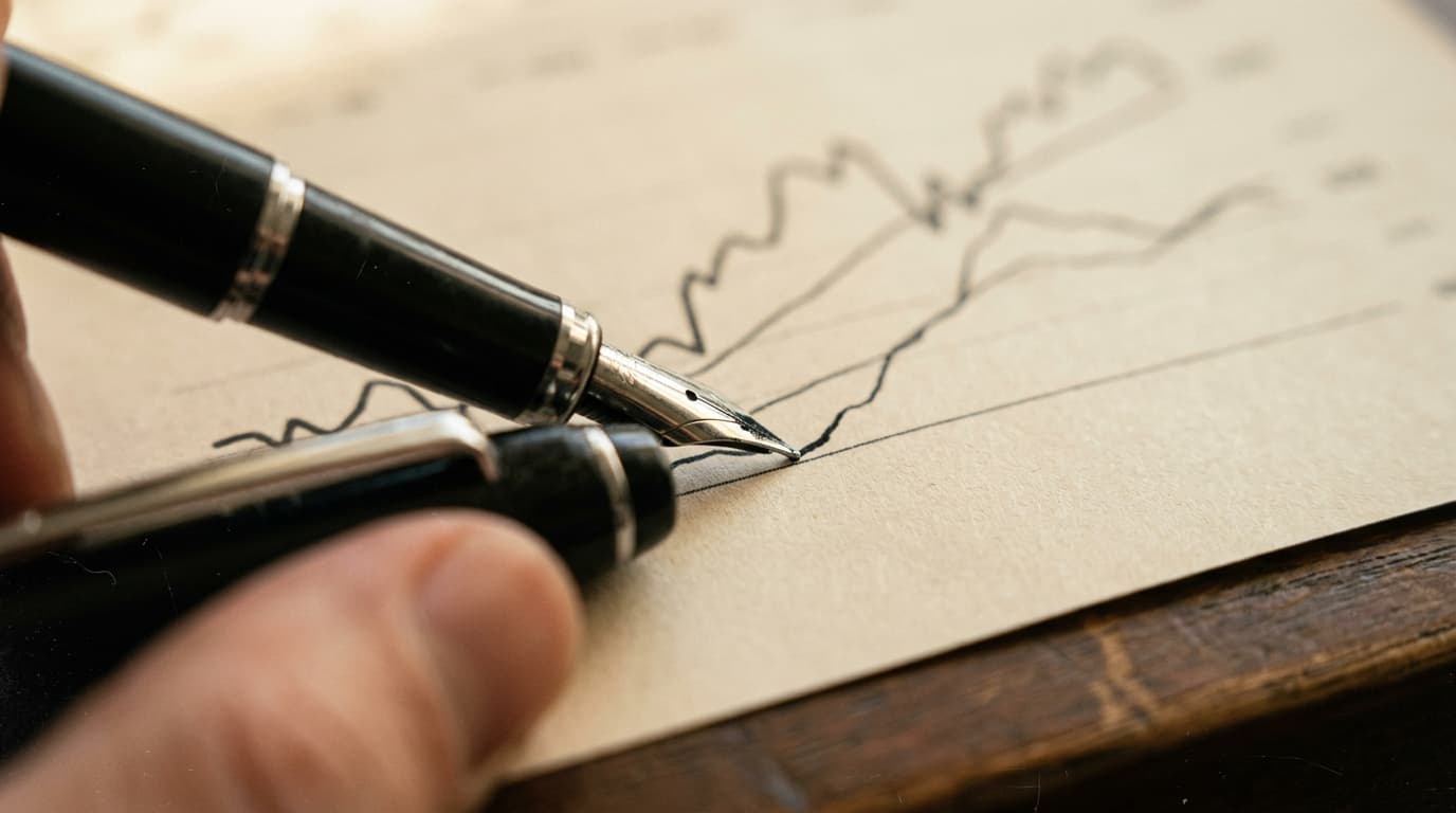 Federhalter zieht eine Kurve auf einem Diagramm — Symbol für bewusste, manuelle Analyse von Shop-Rankings.