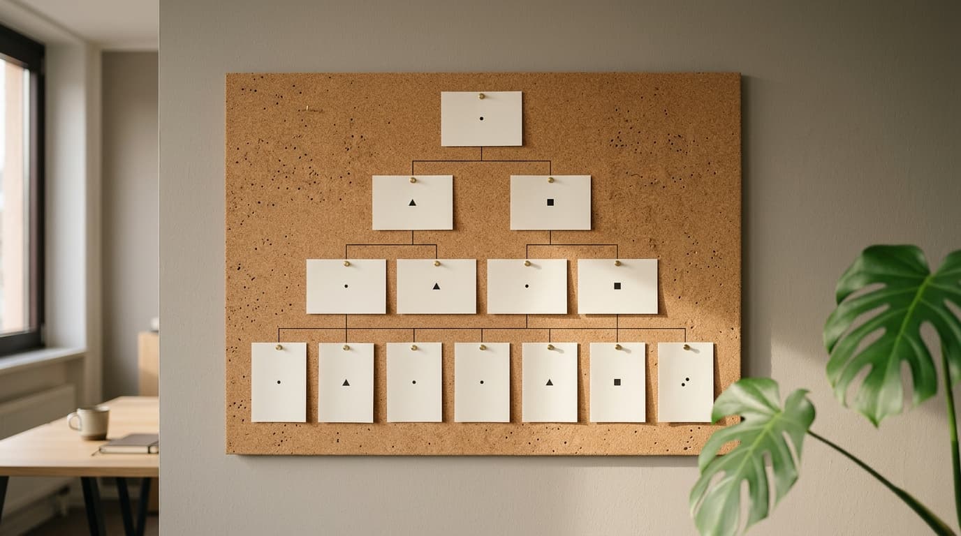 Korktafel mit weißen Karten und abstrakten Symbolen als visuelle Site-Hierarchie — Symbol für klare E-Commerce-Seitenarchitektur.