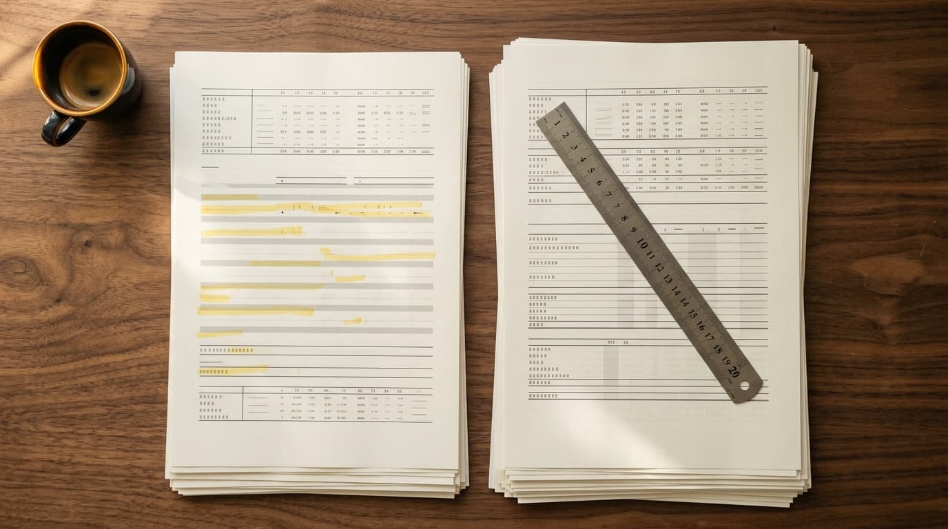 Zwei Stapel Dokumente mit Highlights, Lineal und Espresso — Symbol für strukturierte Audit-Arbeit und technische SEO-Analyse.