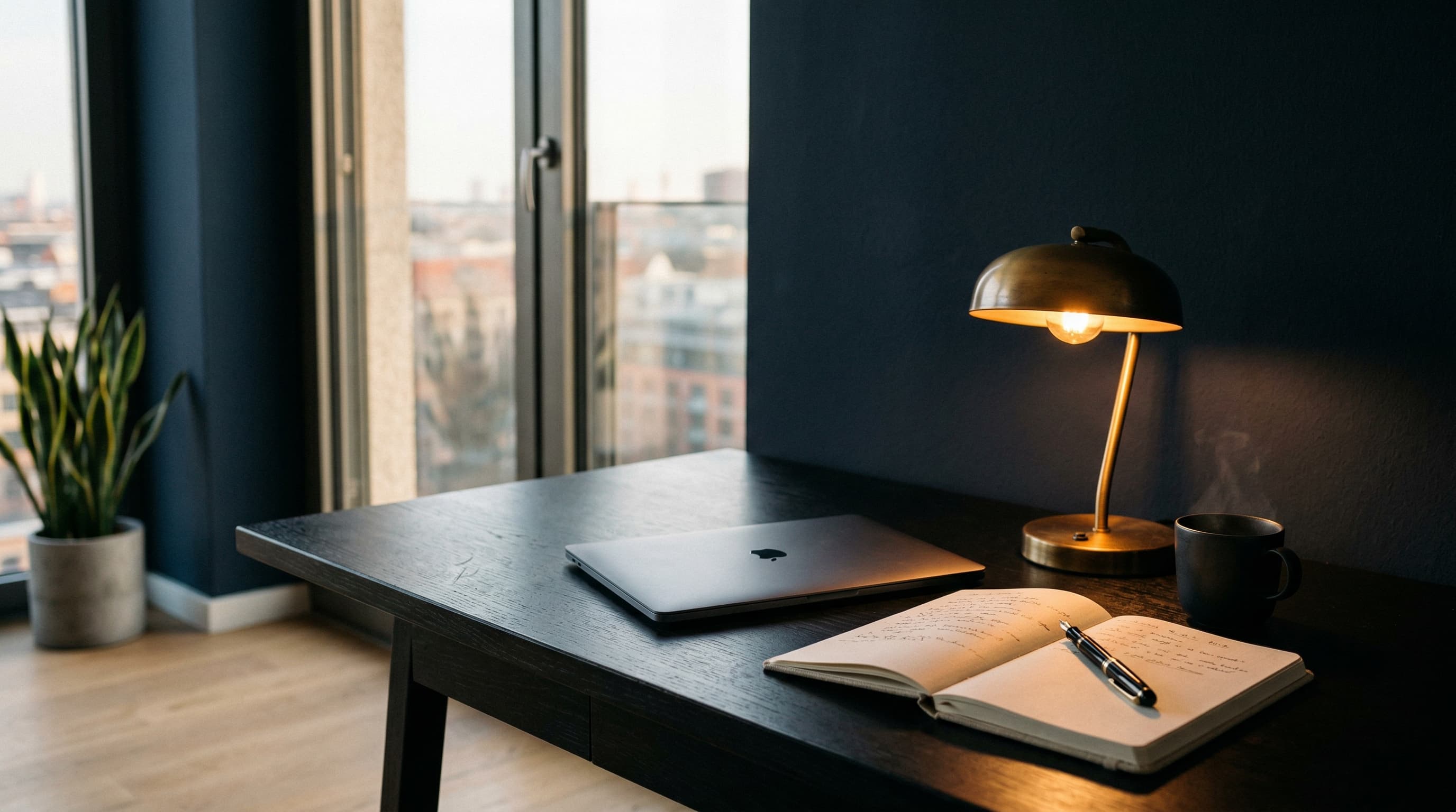 Ruhiger Arbeitsplatz mit Laptop, Notizbuch und Messinglampe im warmen Nachmittagslicht.