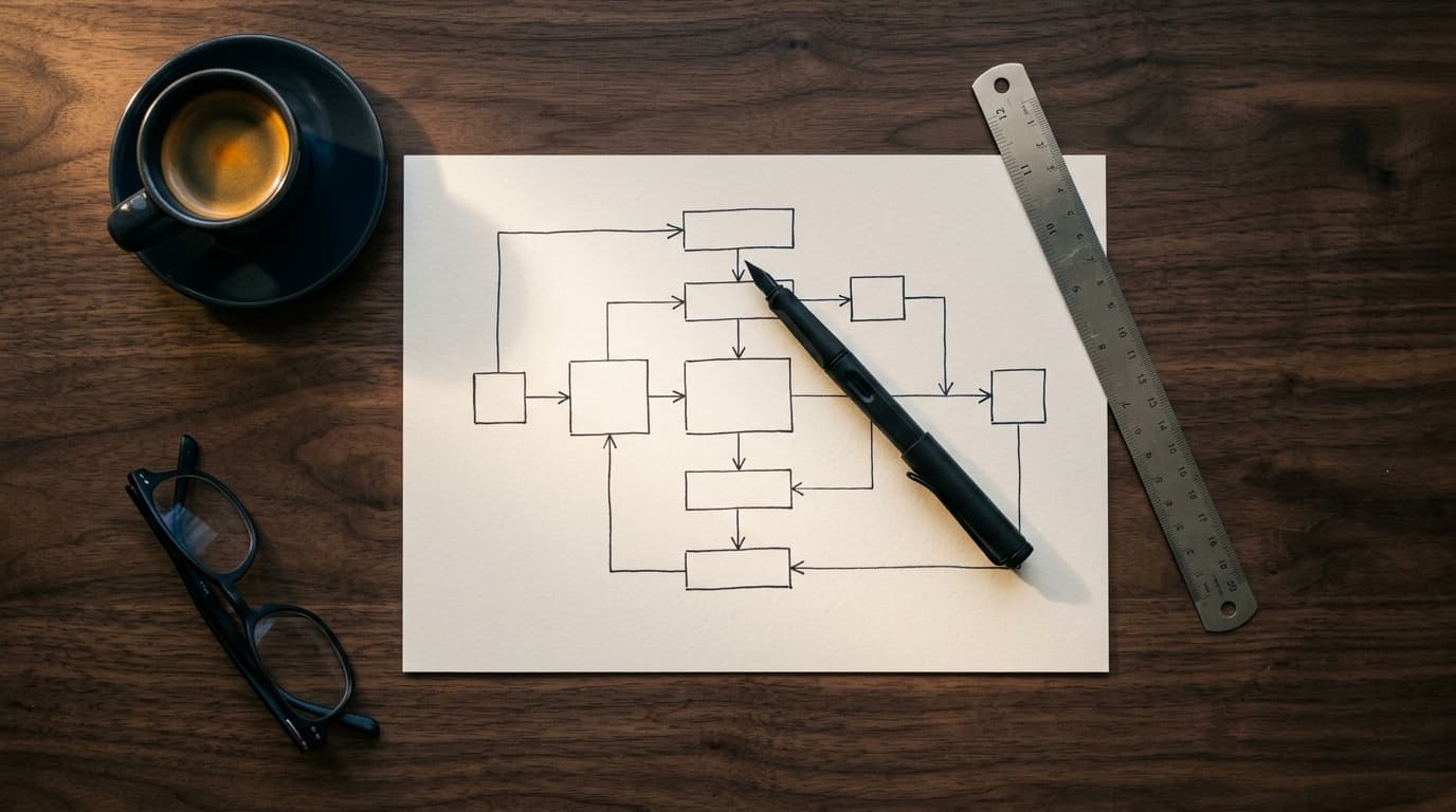 Handgezeichnete Workflow-Skizze auf Papier mit Fountainpen und Espresso als Symbol für bewusste Prozessplanung.