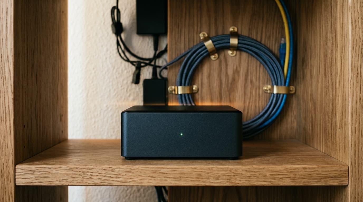 Self-hosted n8n-Instanz auf einem kleinen Server im ruhigen Büro-Regal, Symbol für Dateneigentümerschaft.