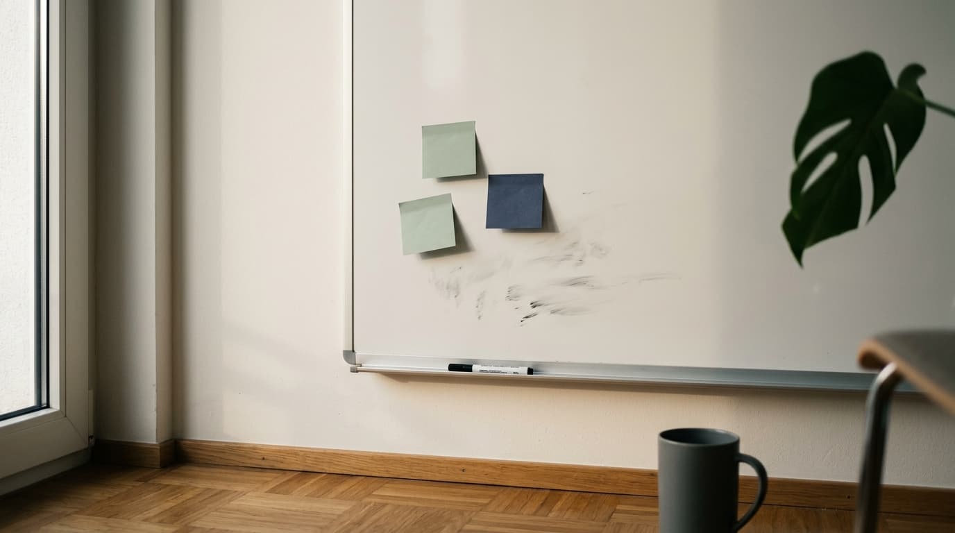 Leerer Besprechungsraum mit Whiteboard und Notizen als Symbol für Grenzen und Review von Automatisierung.