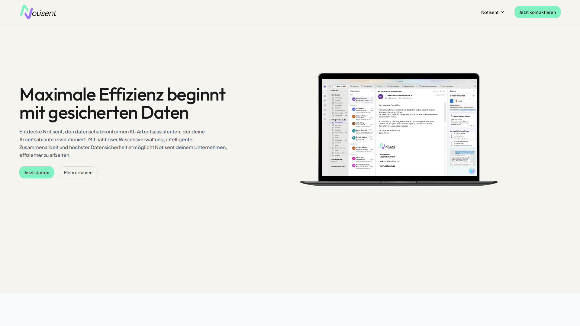 Notisent: KI-Assistent Landing Page